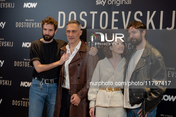 Damiano D'Innocenzo, Filippo Timi, Carlotta Gamba, and Fabio D'Innocenzo attend the ''Dostoevskij'' photocall at Hotel Eden in Rome, Italy,...