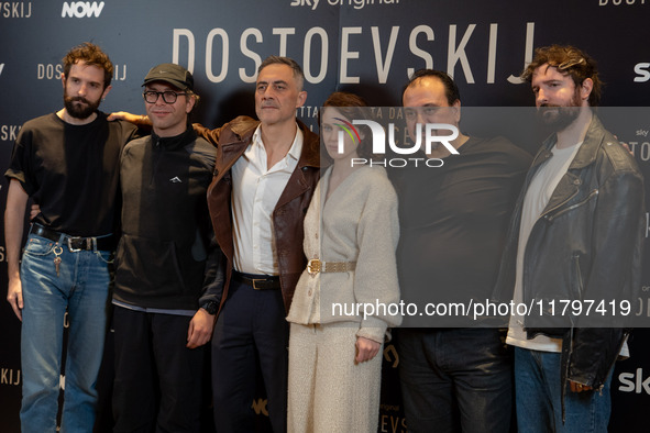 Damiano D'Innocenzo, Filippo Timi, Carlotta Gamba, and Fabio D'Innocenzo attend the ''Dostoevskij'' photocall at Hotel Eden in Rome, Italy,...