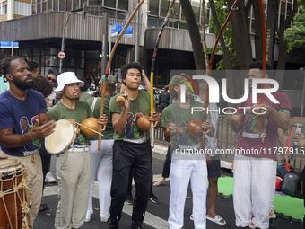 People attend a rally against racism during Black Awareness Day in Sao Paulo, Brazil, on November 20, 2024. (