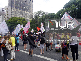 People attend a rally against racism during Black Awareness Day in Sao Paulo, Brazil, on November 20, 2024. (