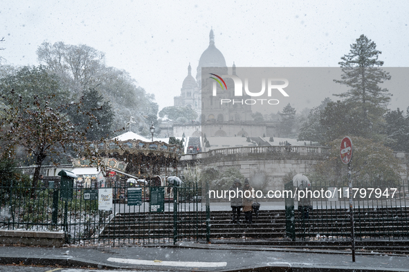 A view of the Basilique du Sacre-Coeur in heavy snowfall as Paris is under the second highest weather warning by the French national weather...