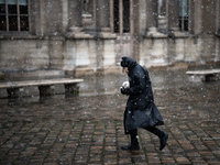 A woman walks in the courtyard of the Louvre Museum in heavy snowfall as Paris is under the second highest weather warning by the French nat...