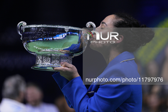 MALAGA, SPAIN - NOVEMBER 20: Martina Trevisan of Team Italy leaves the trophy after winning the Billie Jean King Cup Finals at Palacio de De...