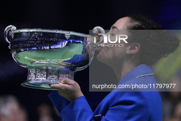 MALAGA, SPAIN - NOVEMBER 20: Martina Trevisan of Team Italy leaves the trophy after winning the Billie Jean King Cup Finals at Palacio de De...