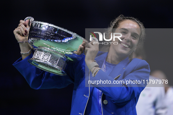 MALAGA, SPAIN - NOVEMBER 20: Lucia Bronzetti of Team Italy leaves the trophy after winning the Billie Jean King Cup Finals at Palacio de Dep...