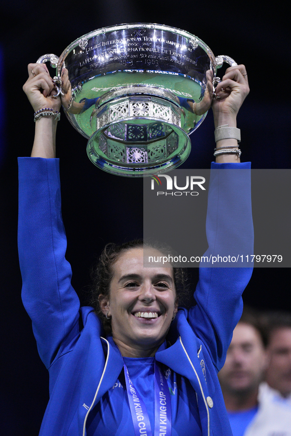 MALAGA, SPAIN - NOVEMBER 20: Lucia Bronzetti of Team Italy leaves the trophy after winning the Billie Jean King Cup Finals at Palacio de Dep...