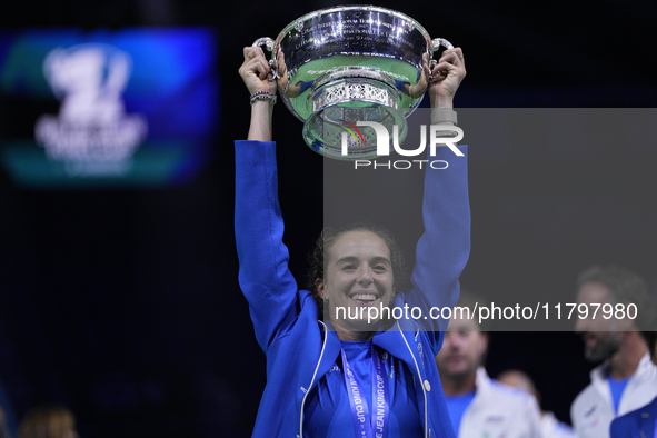 MALAGA, SPAIN - NOVEMBER 20: Lucia Bronzetti of Team Italy leaves the trophy after winning the Billie Jean King Cup Finals at Palacio de Dep...