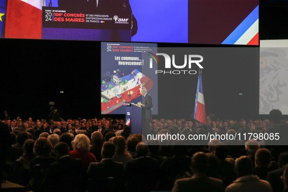 French Prime Minister Michel Barnier delivers a speech during the 106th Mayors Congress organized by the ''France's Mayors' Association'' (A...