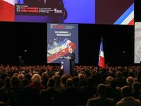 French Prime Minister Michel Barnier delivers a speech during the 106th Mayors Congress organized by the ''France's Mayors' Association'' (A...