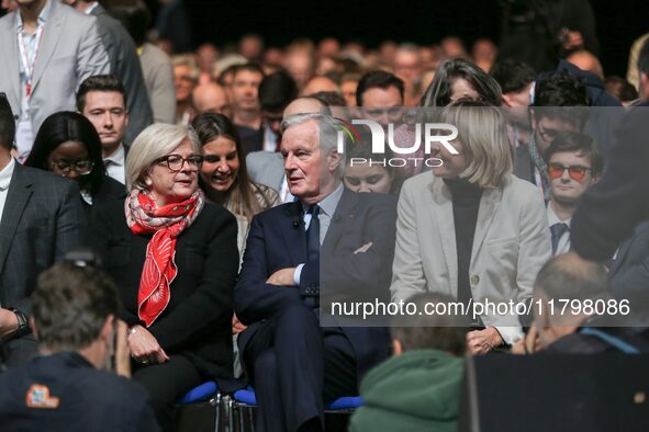 From left, French Minister for Territorial Partnerships and Decentralization Catherine Vautrin, French Prime Minister Michel Barnier, and Fr...