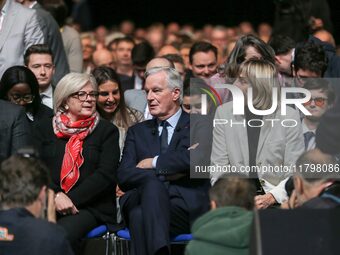 From left, French Minister for Territorial Partnerships and Decentralization Catherine Vautrin, French Prime Minister Michel Barnier, and Fr...