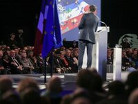 French Prime Minister Michel Barnier, surrounded by his ministers, listens to the speech of Cannes' mayor and AMF president David Lisnard du...