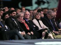 French Prime Minister Michel Barnier, surrounded by his ministers, listens to the speech of Cannes' mayor and AMF president David Lisnard du...