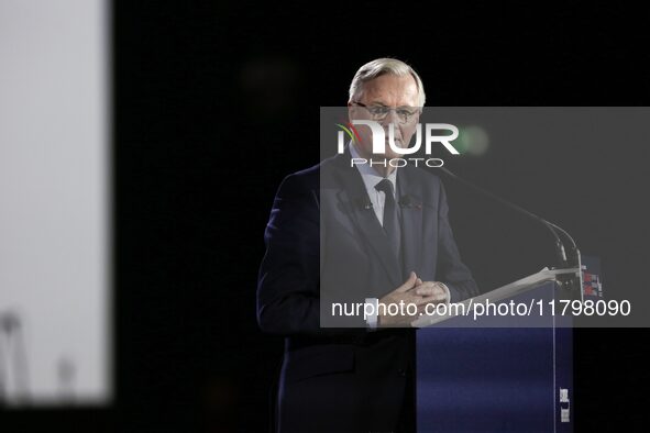 French Prime Minister Michel Barnier delivers a speech during the 106th Mayors Congress organized by the ''France's Mayors' Association'' (A...