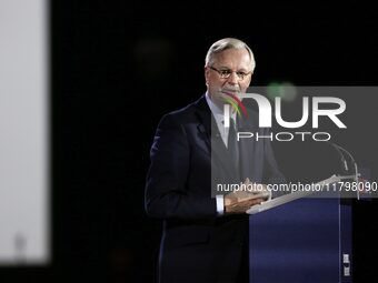 French Prime Minister Michel Barnier delivers a speech during the 106th Mayors Congress organized by the ''France's Mayors' Association'' (A...