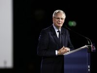 French Prime Minister Michel Barnier delivers a speech during the 106th Mayors Congress organized by the ''France's Mayors' Association'' (A...