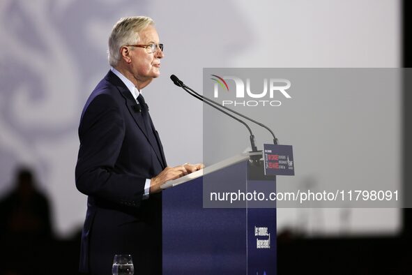 French Prime Minister Michel Barnier delivers a speech during the 106th Mayors Congress organized by the ''France's Mayors' Association'' (A...