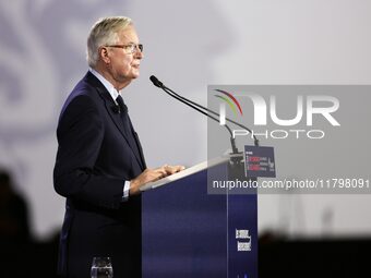 French Prime Minister Michel Barnier delivers a speech during the 106th Mayors Congress organized by the ''France's Mayors' Association'' (A...