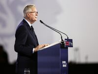 French Prime Minister Michel Barnier delivers a speech during the 106th Mayors Congress organized by the ''France's Mayors' Association'' (A...