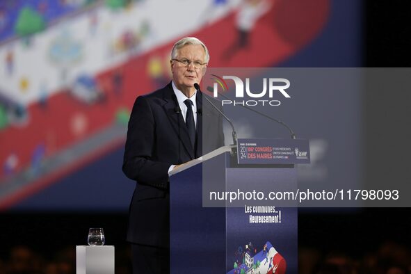 French Prime Minister Michel Barnier delivers a speech during the 106th Mayors Congress organized by the ''France's Mayors' Association'' (A...