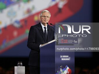 French Prime Minister Michel Barnier delivers a speech during the 106th Mayors Congress organized by the ''France's Mayors' Association'' (A...