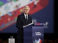 French Prime Minister Michel Barnier delivers a speech during the 106th Mayors Congress organized by the ''France's Mayors' Association'' (A...