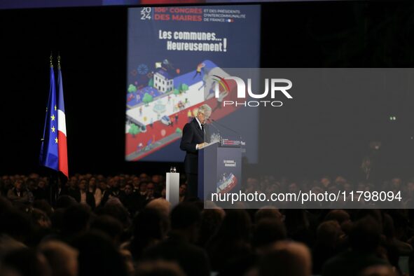 French Prime Minister Michel Barnier delivers a speech during the 106th Mayors Congress organized by the ''France's Mayors' Association'' (A...