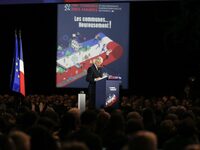 French Prime Minister Michel Barnier delivers a speech during the 106th Mayors Congress organized by the ''France's Mayors' Association'' (A...