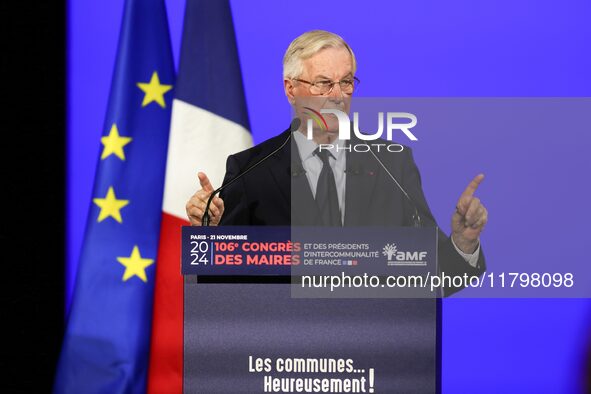 French Prime Minister Michel Barnier delivers a speech during the 106th Mayors Congress organized by the ''France's Mayors' Association'' (A...