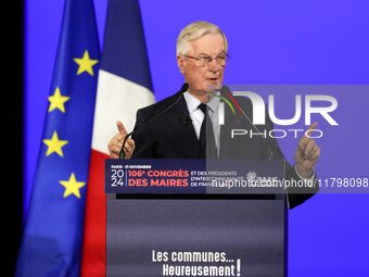 French Prime Minister Michel Barnier delivers a speech during the 106th Mayors Congress organized by the ''France's Mayors' Association'' (A...