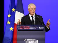 French Prime Minister Michel Barnier delivers a speech during the 106th Mayors Congress organized by the ''France's Mayors' Association'' (A...