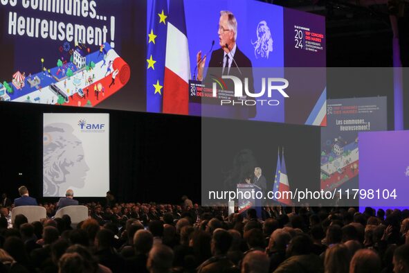 French Prime Minister Michel Barnier delivers a speech during the 106th Mayors Congress organized by the ''France's Mayors' Association'' (A...