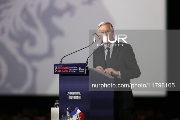 French Prime Minister Michel Barnier delivers a speech during the 106th Mayors Congress organized by the ''France's Mayors' Association'' (A...