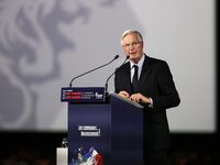 French Prime Minister Michel Barnier delivers a speech during the 106th Mayors Congress organized by the ''France's Mayors' Association'' (A...