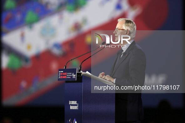 French Prime Minister Michel Barnier delivers a speech during the 106th Mayors Congress organized by the ''France's Mayors' Association'' (A...