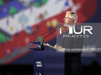 French Prime Minister Michel Barnier delivers a speech during the 106th Mayors Congress organized by the ''France's Mayors' Association'' (A...