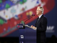 French Prime Minister Michel Barnier delivers a speech during the 106th Mayors Congress organized by the ''France's Mayors' Association'' (A...