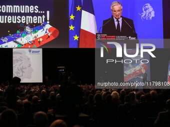 French Prime Minister Michel Barnier delivers a speech during the 106th Mayors Congress organized by the ''France's Mayors' Association'' (A...