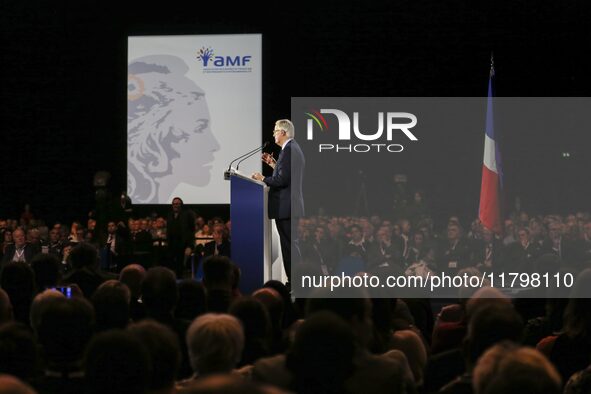 French Prime Minister Michel Barnier delivers a speech during the 106th Mayors Congress organized by the ''France's Mayors' Association'' (A...