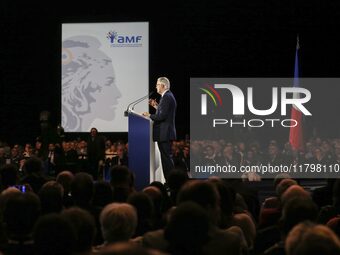 French Prime Minister Michel Barnier delivers a speech during the 106th Mayors Congress organized by the ''France's Mayors' Association'' (A...