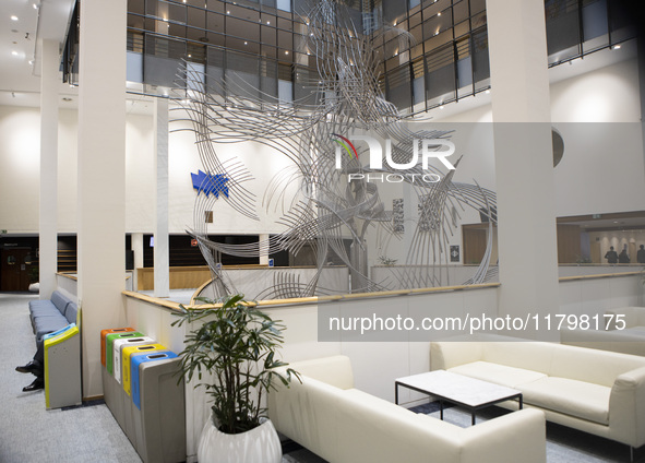 A modern sculpture adorns the interior of the European Parliament building in Brussels, Belgium, on November 20, 2024, showcasing the instit...