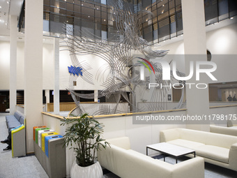 A modern sculpture adorns the interior of the European Parliament building in Brussels, Belgium, on November 20, 2024, showcasing the instit...