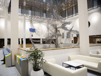 A modern sculpture adorns the interior of the European Parliament building in Brussels, Belgium, on November 20, 2024, showcasing the instit...