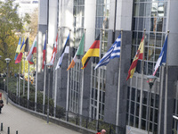 The flags of all EU member states fly outside the European Parliament building in Brussels, Belgium, on November 20, 2024, symbolizing unity...