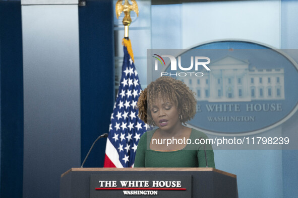 On November 21, 2024, in Washington, D.C., United States, White House Press Secretary Karine Jean-Pierre speaks to the White House pool abou...