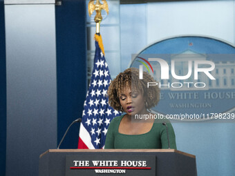 On November 21, 2024, in Washington, D.C., United States, White House Press Secretary Karine Jean-Pierre speaks to the White House pool abou...