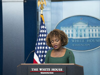 On November 21, 2024, in Washington, D.C., United States, White House Press Secretary Karine Jean-Pierre speaks to the White House pool abou...