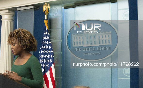 On November 21, 2024, in Washington, D.C., United States, White House Press Secretary Karine Jean-Pierre speaks to the White House pool abou...