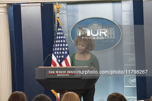 On November 21, 2024, in Washington, D.C., United States, White House Press Secretary Karine Jean-Pierre speaks to the White House pool abou...