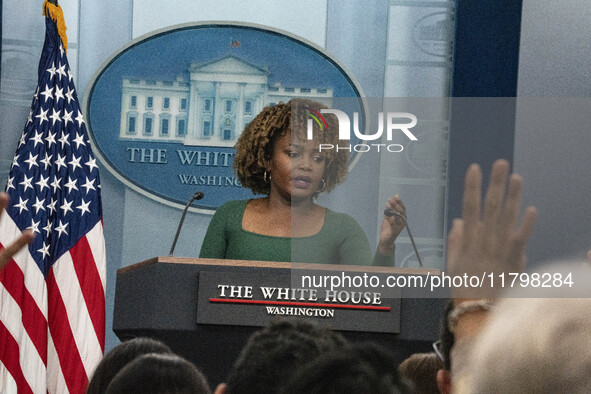 On November 21, 2024, in Washington, D.C., United States, White House Press Secretary Karine Jean-Pierre speaks to the White House pool abou...